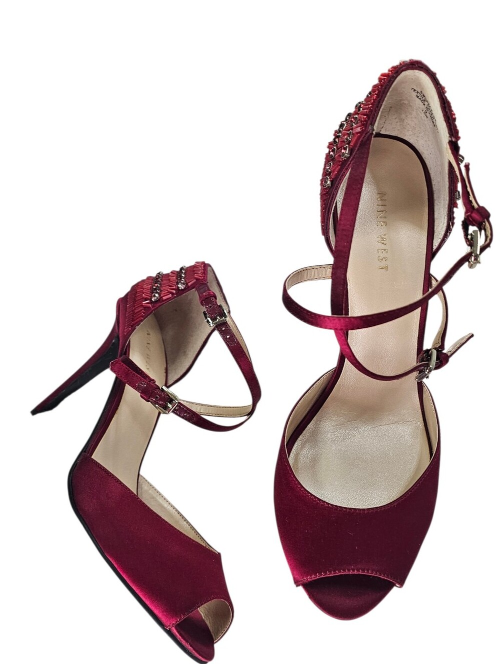 Nine West Wine Satin Crisscross Peep-Toe Heels with Embellished Back, Size 10M